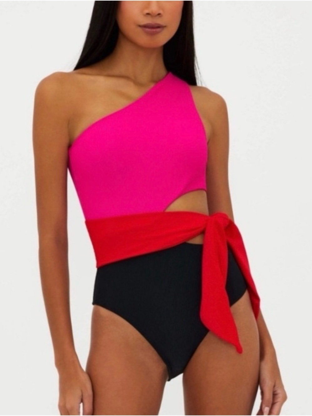 Beach Riot Black, Red & Pink Colorblock One-Shoulder Ribbed Swimsuit | XS - Picture 2 of 3
